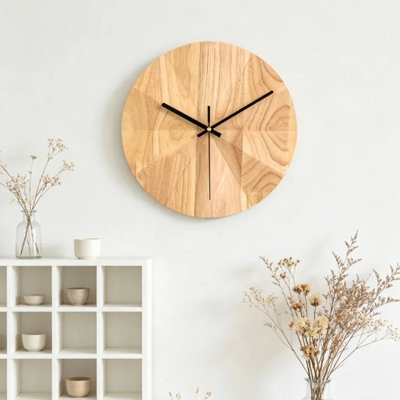 horloge murale bois naturel motif géométrique moderne aiguille quartz circulaire salon décoration unique opacité