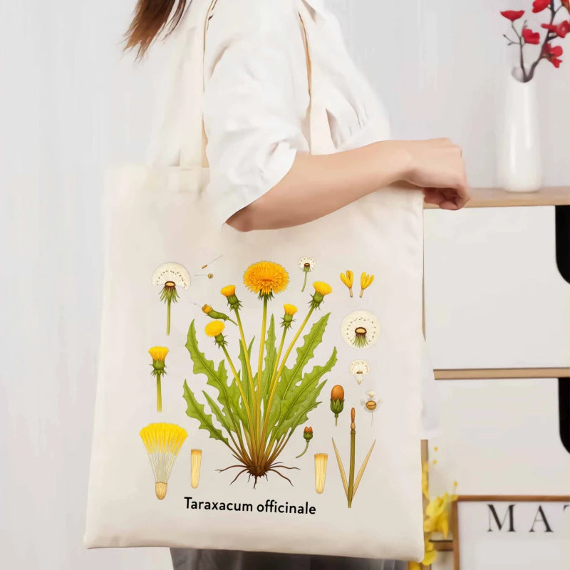 sac main toile beige clair imprimé floral taraxacum officinale respectueux environnement réutilisable poignées tissu