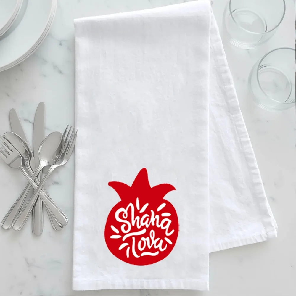 serviettes table coton blanc symboles religieux grenades pommes textes hébraïques festive rosh hashanah decorative