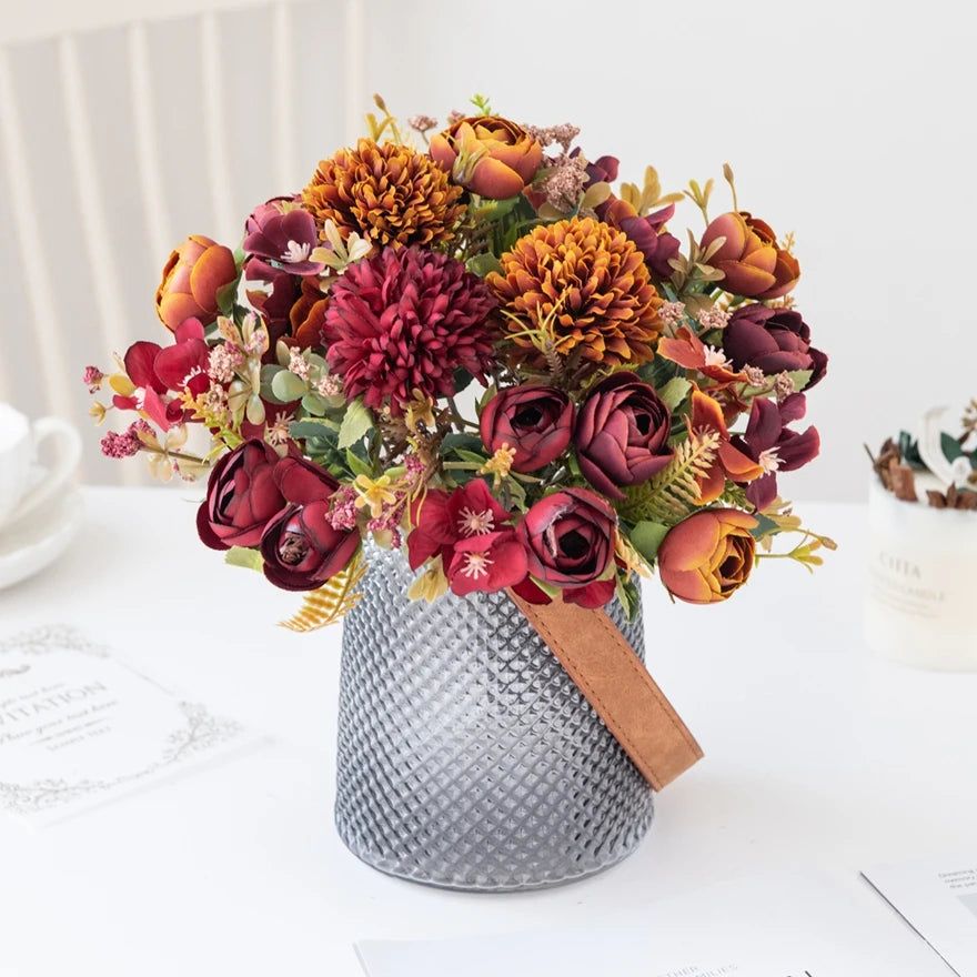 bouquet fleurs artificielles roses hydrangées décoration intérieure mariage anniversaire classique rouge orange blanc