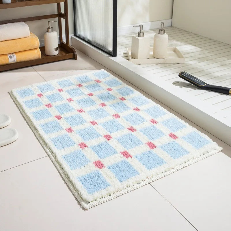tapis bain bleu clair rose blanc carreaux géométriques doux moelleux moderne antidérapant imperméable