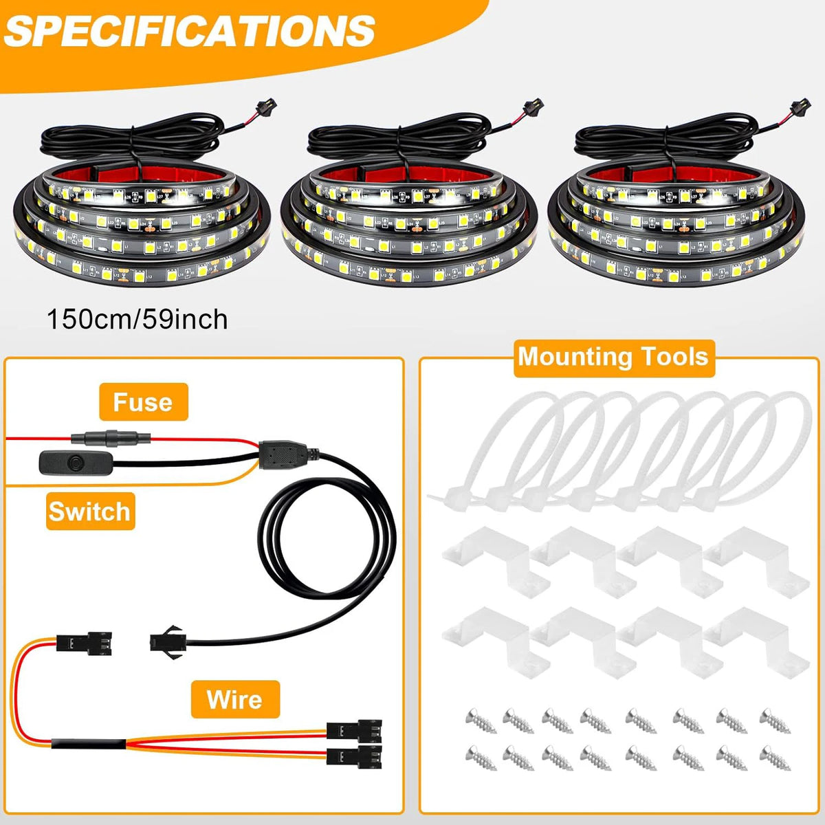 ruban led 150cm noir blanc adhésif moderne interrupteur câbles accessoires fixation 12v étanche
