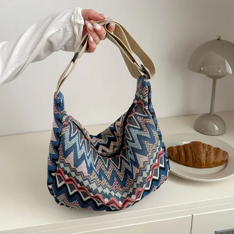 sac main bleu rose beige moderne ethnique motif zigzag géométrique toile douce fermure éclair
