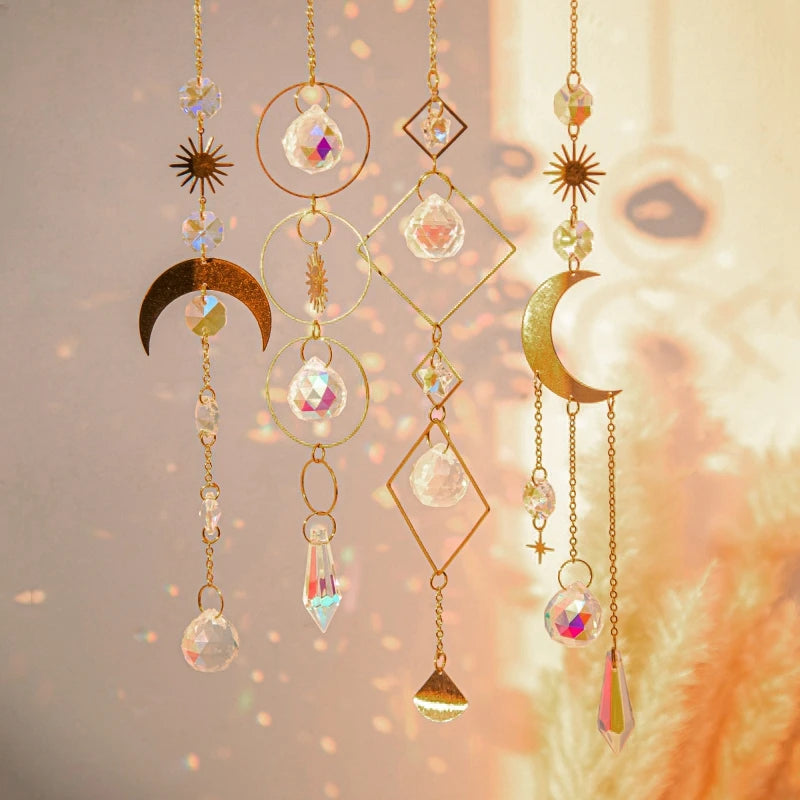 pendentif boho cristal multicolore soleil lune étoiles cosmique or argent