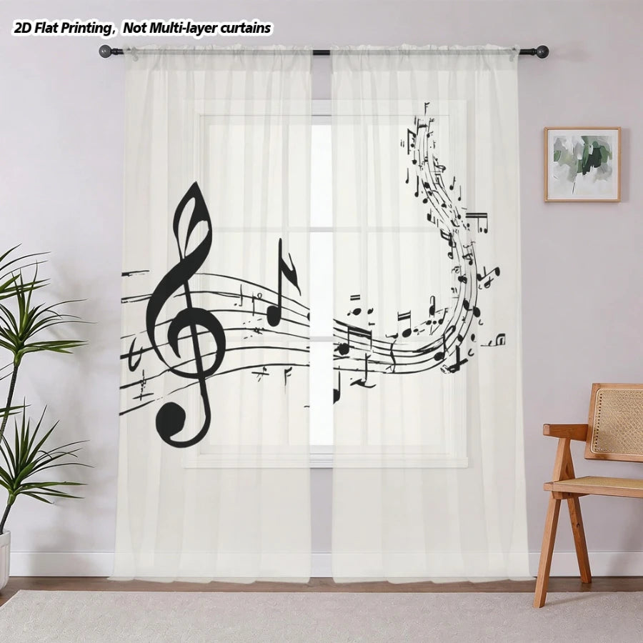 rideaux blanc noir motif musical clé sol moderne deux pièces translucides fenêtre chambreDecorationInterior