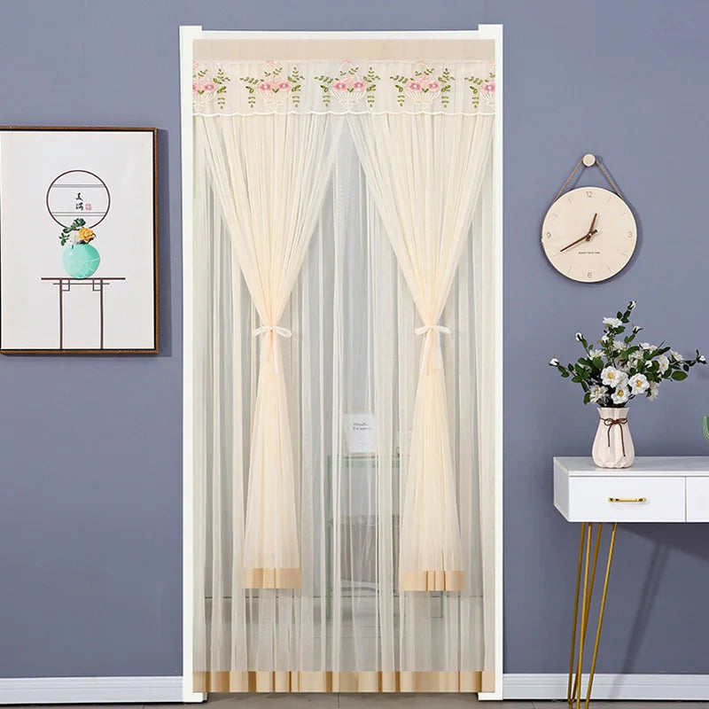 rideau gris beige rose bleu broderie florale transparent moderne ruban porte tissu polyester
