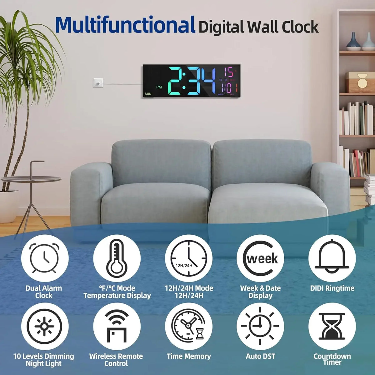 grande horloge murale digitale couleurs rvg télécommande alarme lumineuse moderne