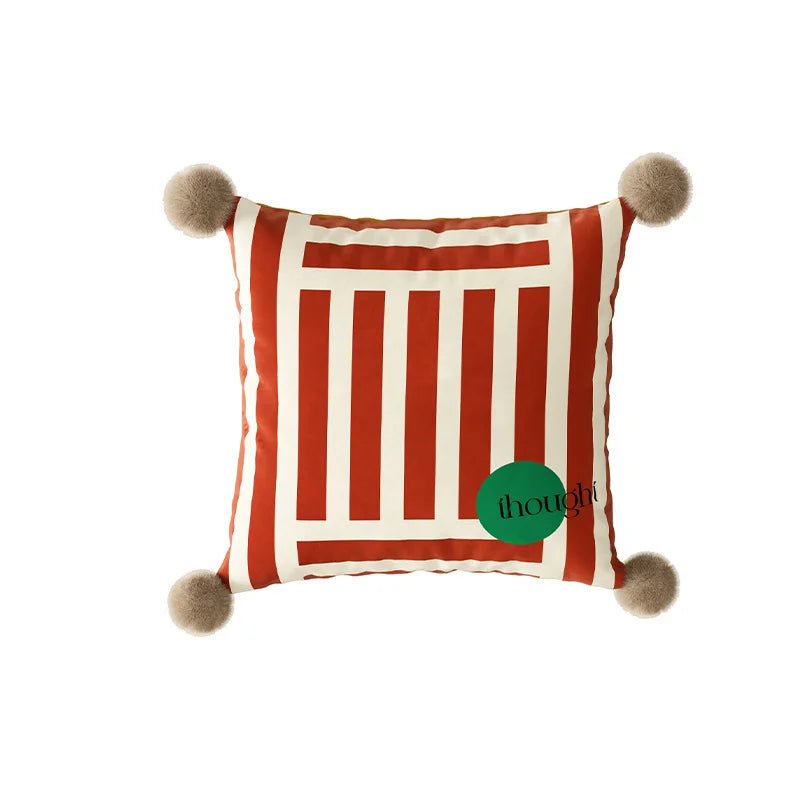 taie d'oreiller carrée velours moderne rayures pompons vert beige noir