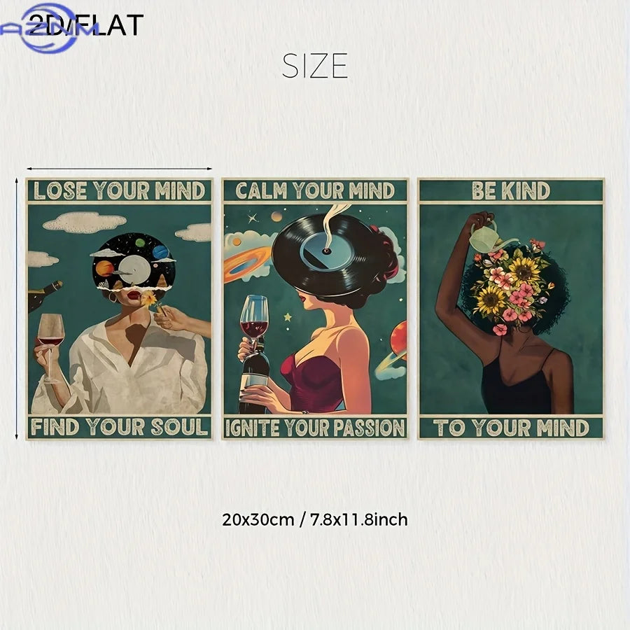 affiches murales vintage illustrées personnages accessoires bois opaques abstrait vert blanc noir rose bleu