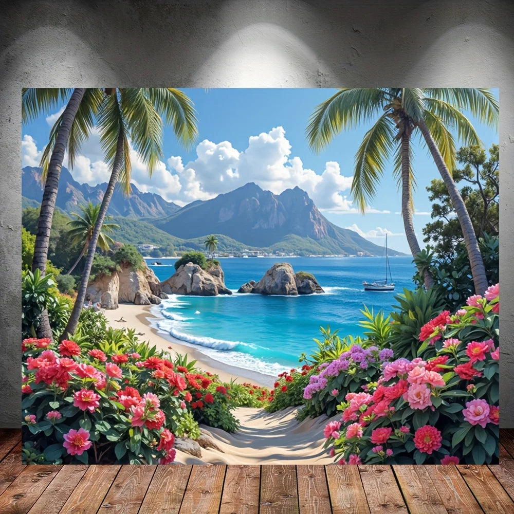 toile d'art paysage marin plage palmiers montagnes couleurs naturelles décoration intérieure chambre salon opaque
