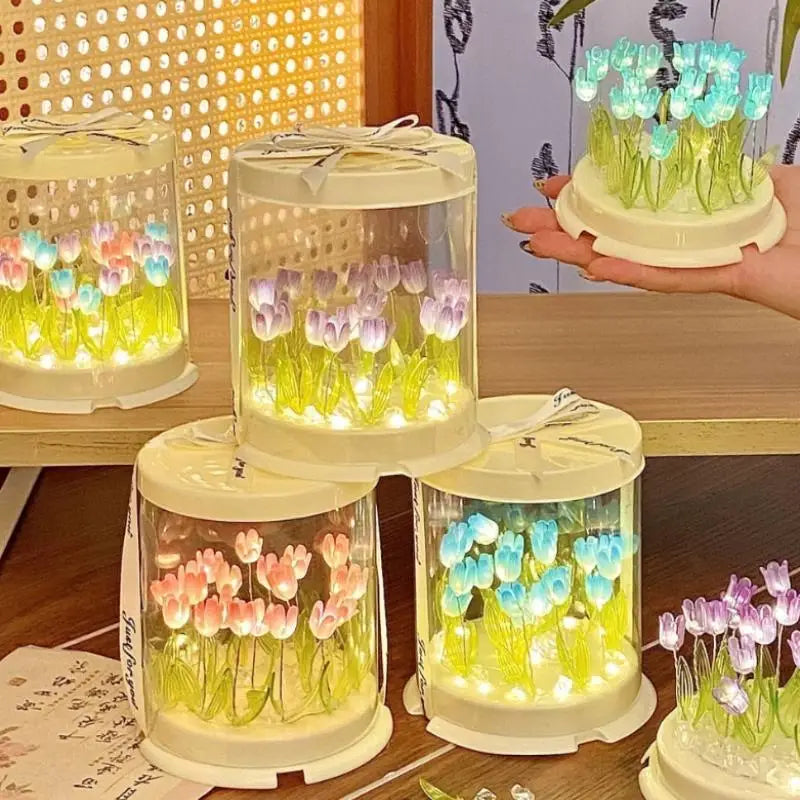 boîte gâteau lumineuse transparente tulipes colorées moderne décoration chambre veilleuse artisanale feuilles plastique