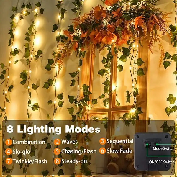 guirlande lumineuse solaire ip65 30mètres blanc chaud moderne interrupteur modes éclairage panneau solaire fixations