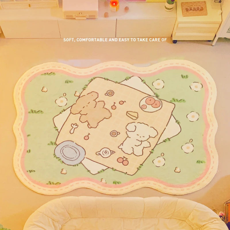 tapis dessin animé ours fruits fleurs vert clair rose pâle beige antidérapant confortable intérieur