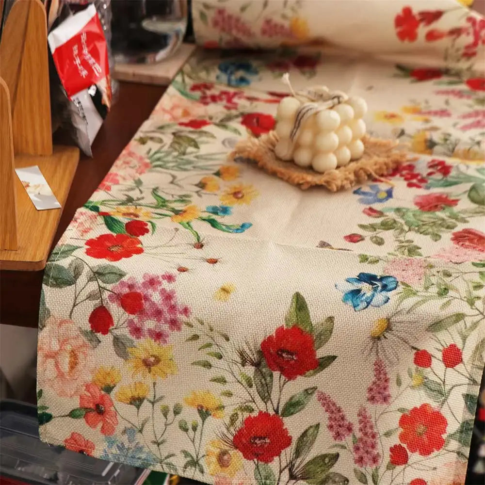 nappe table lin imprimé floral violet rouge motif papillon rustique bohème chambre décoration intérieure