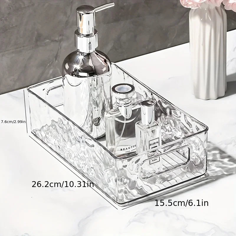 bac rangement transparent texture ondulée moderne salle bain contenant parfum lotion brosse dents crème