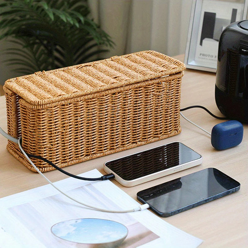 panier marron clair tressé moderne rangement câbles chargeurs téléphone organisation