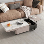 table basse moderne marbre blanc gris pieds noirs fruits magazine vase