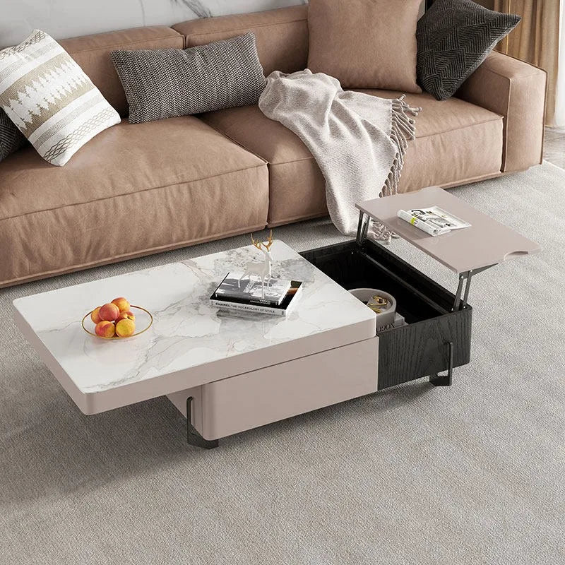 table basse moderne marbre blanc gris pieds noirs fruits magazine vase