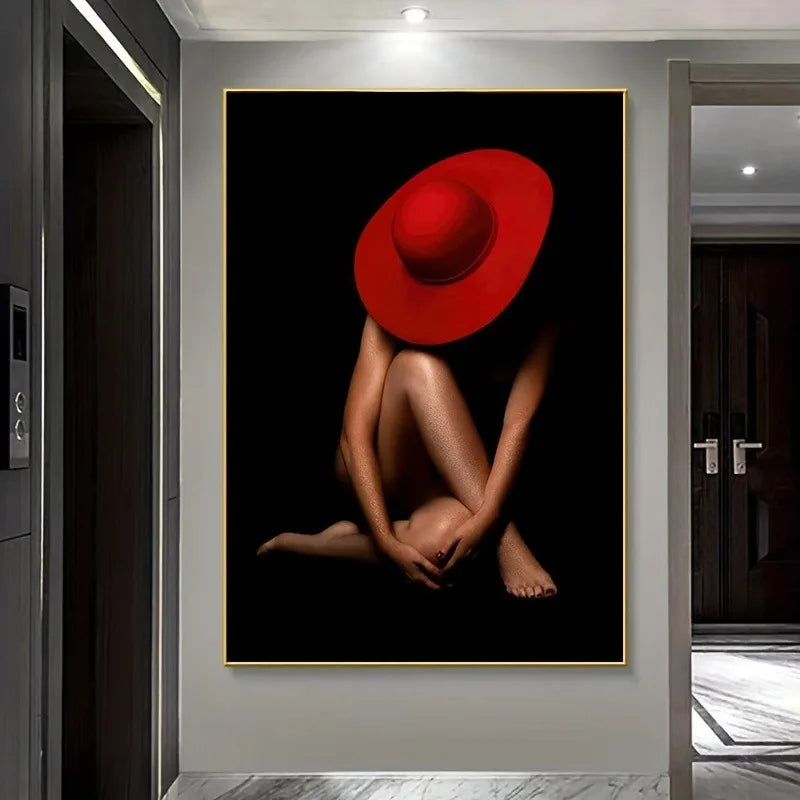 toile d'art contemporaine personnage féminin chapeau rouge noir sans cadre