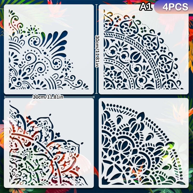 pochoirs mandala décoratifs motifs géométriques floraux blanc noir vert rouge doré bleu