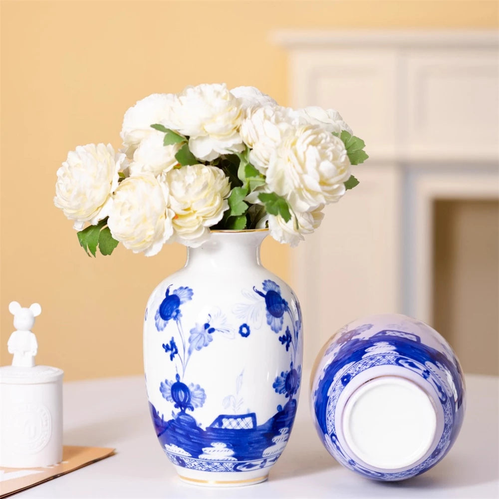 vase céramique motif floral bleu blanc décoration maison fleurs artificielles peonies rose violet
