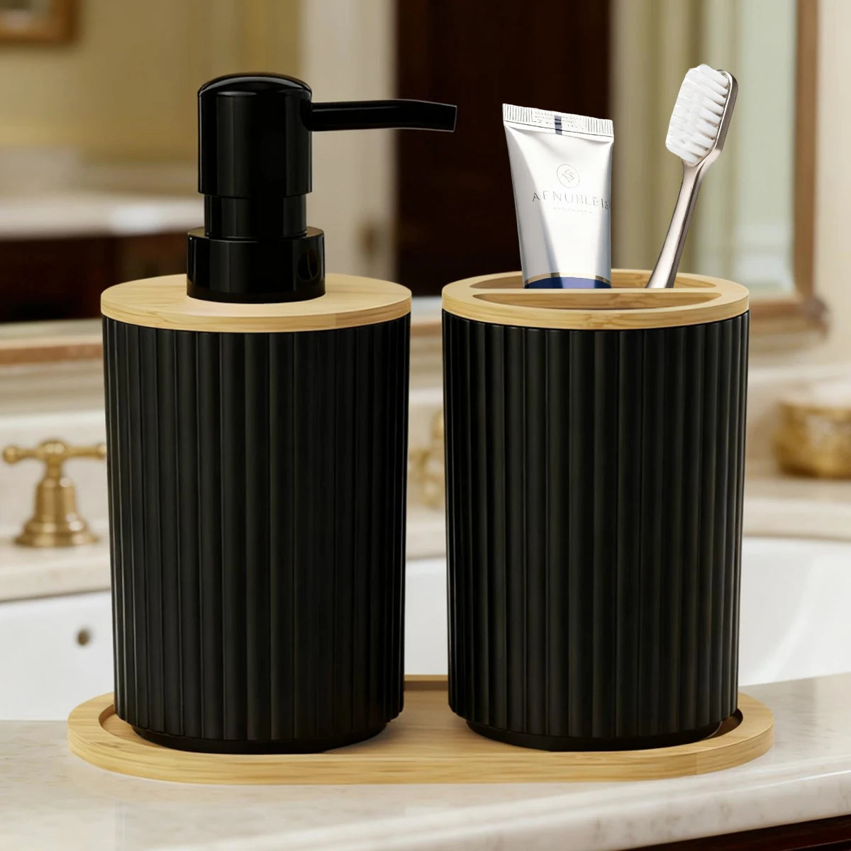 Ensemble accessoire salle de bain noir distributeur savon et gobelets brosse à dents