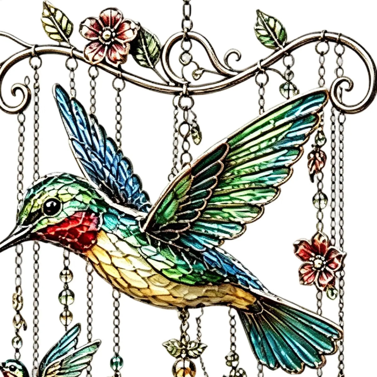 mobile décoratif suspendu colibris fleurs vitrail cristaux métal famille extérieur pastorale