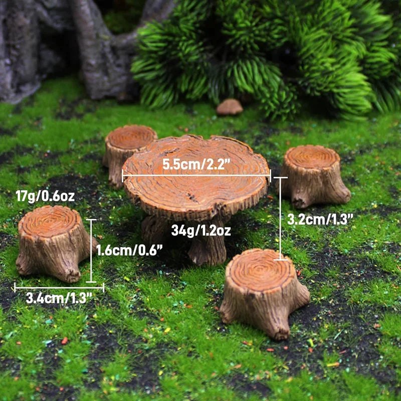 meubles miniature ensemble table chaises résine imitation bois rustique fée herbe artificielle décorationextérieur