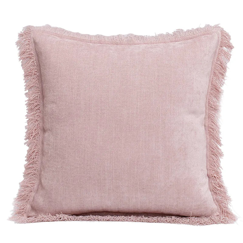 taies d'oreiller carrées modernes couleurs marron rose beige franges coton polyester