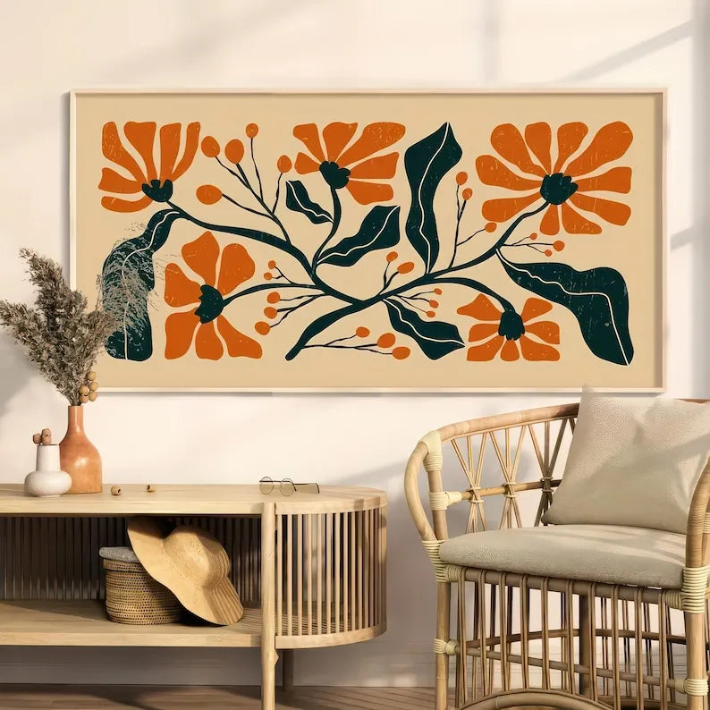 tableau impression toile fleur stylisée moderne beige orange vert opaque sans cadre chambre salon