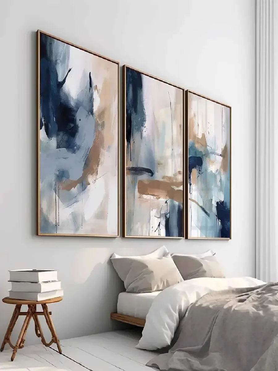 toile d'art abstrait bleu contemporain sans cadre nature morte horizontal decoration murale salon bohème