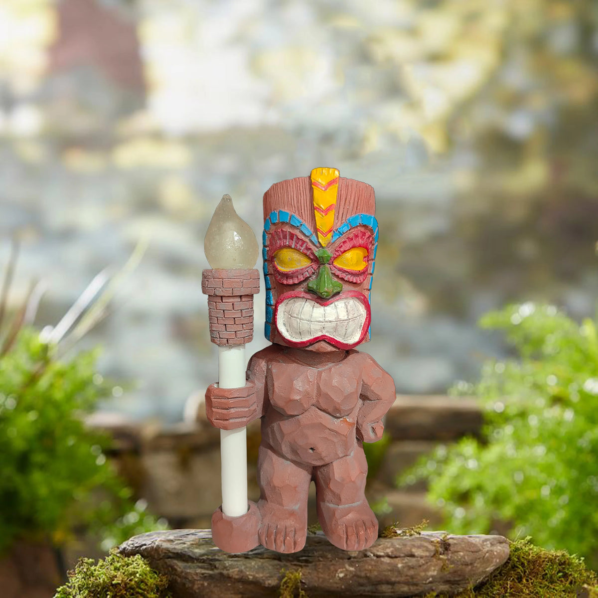 masque tiki lumineux résine ethnique motifs décoratifs patio extérieur marron jaune vert rouge blanc