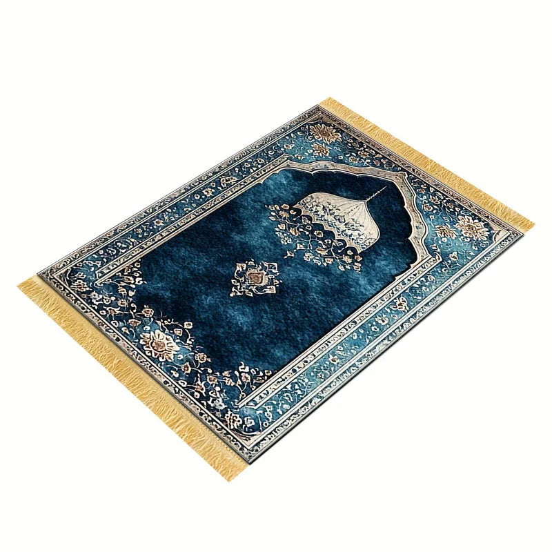 tapis prière islamique bleu foncé motif géométrique polyester résistant décoloration usage extérieur voyage
