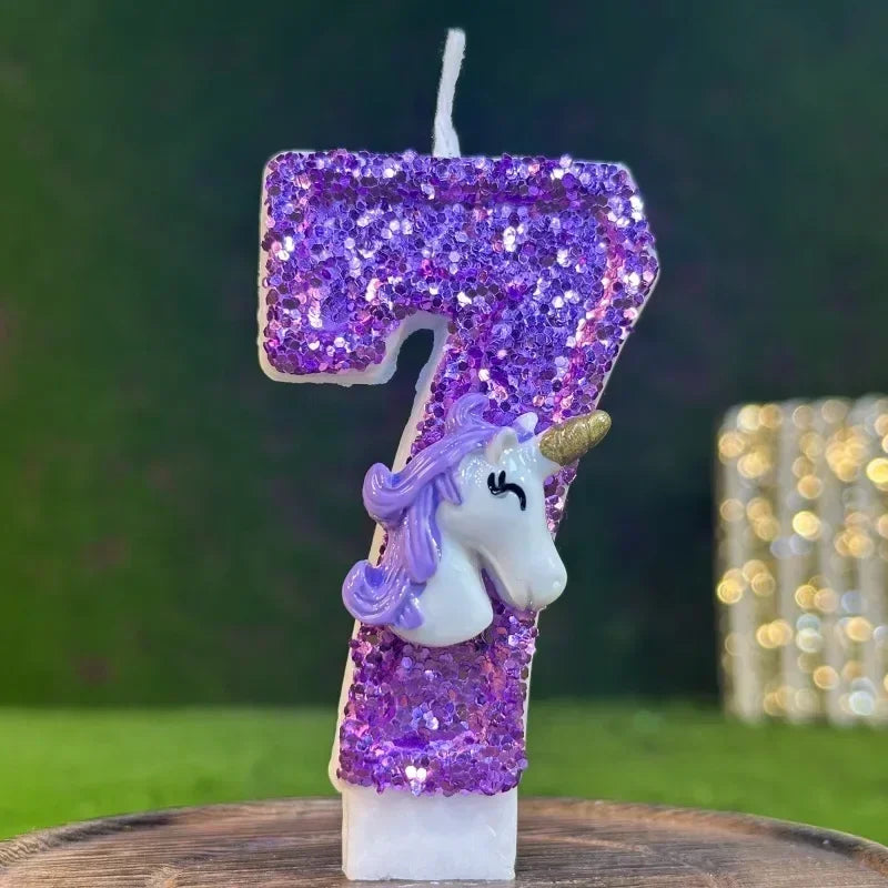 bougies anniversaire forme chiffre licorne pailletées violet blanches décoratives enfants