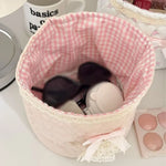 panier vichy rose clair imprimé moutons bleus fleurs vintage dentelle bordure ruban