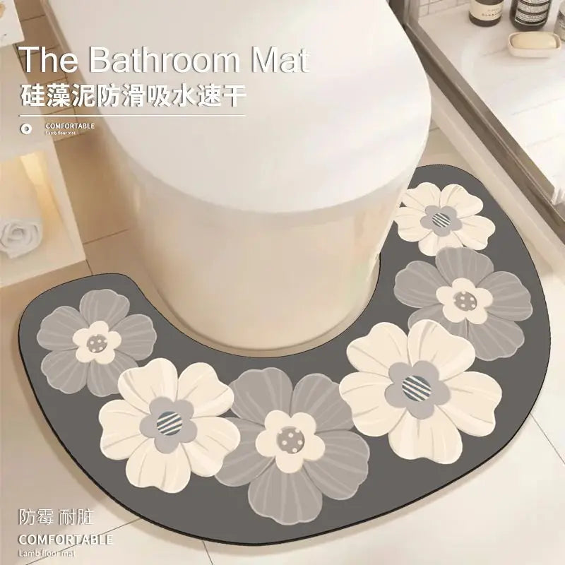 tapis bain moderne antidérapant motifs floraux gris foncé blanc vert jaune résistant corrosion
