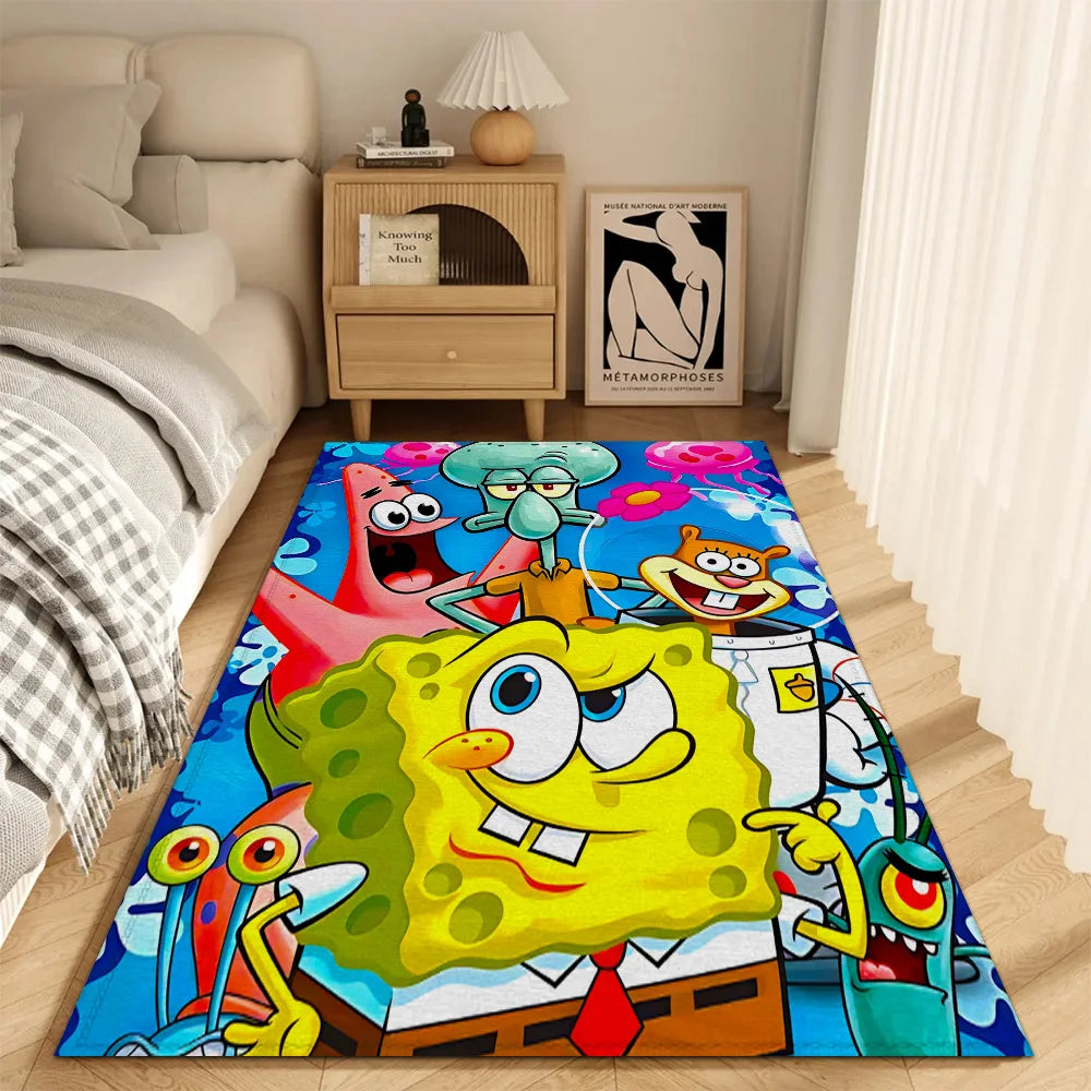 tapis sol chambre enfant motif dessin animé personnage spongebob bleu jaune vert rouge