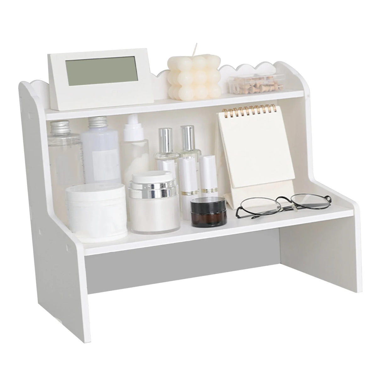 étagère moderne blanc miroir horloge lunettes bloc notes cosmétiques bougie cahier porte crayons clips