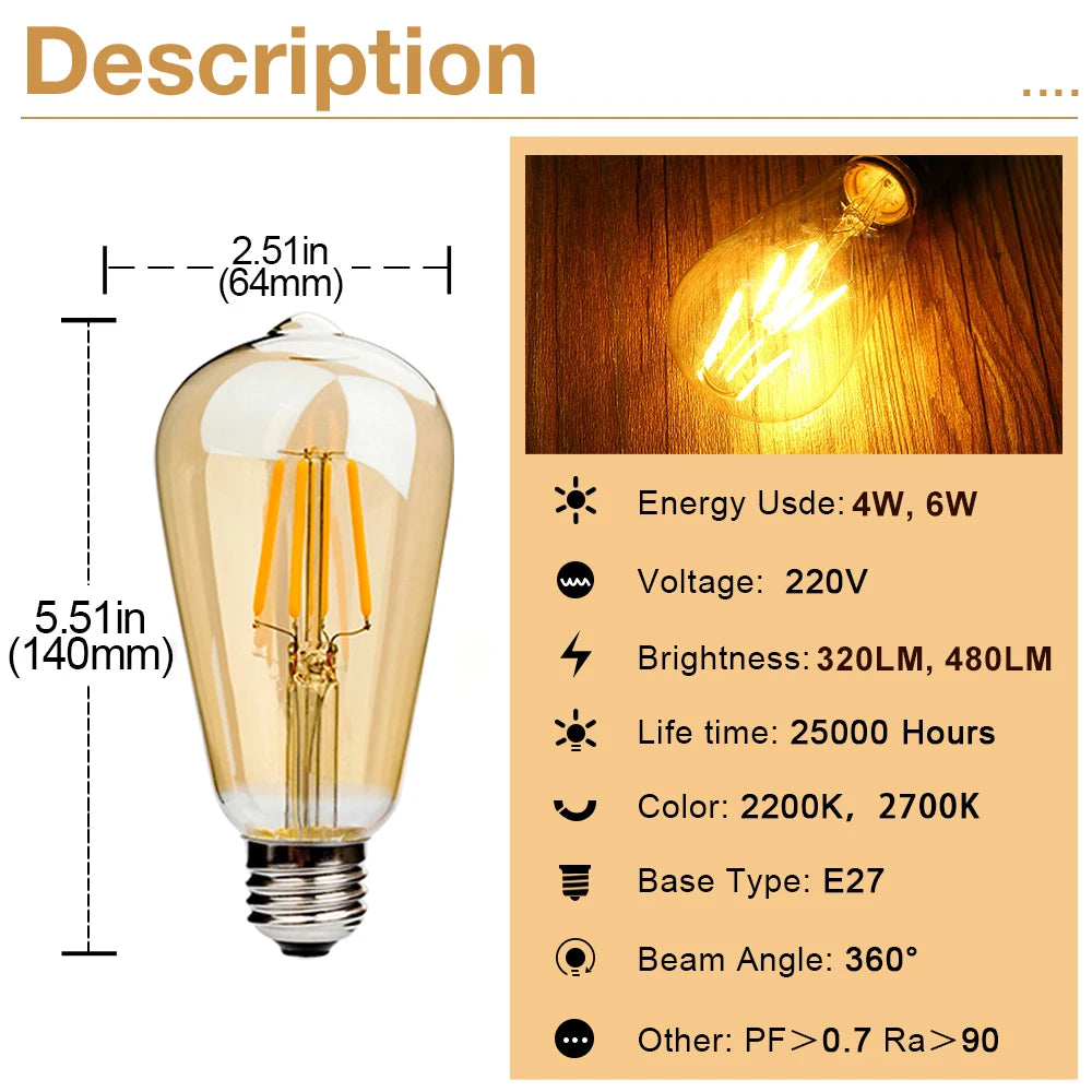 ampoule led filament vintage e27 4w 6w 2700k transparente dorée 220v 25000h