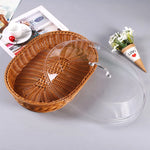 panier marron clair tressé couvercle plastique transparent poignée classique respectueux environnement