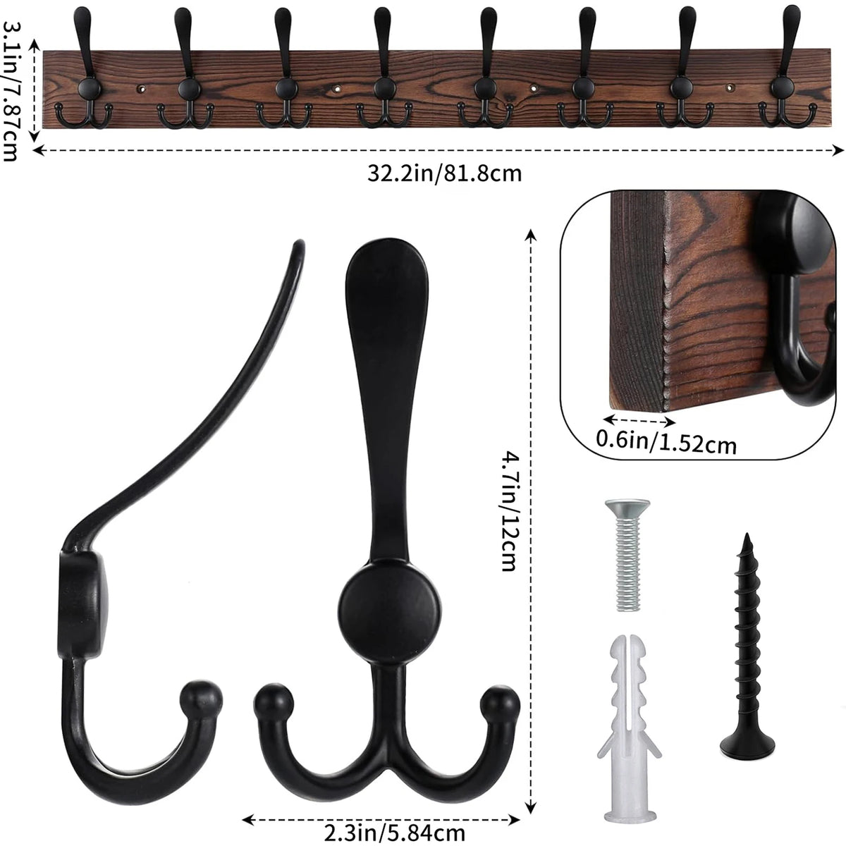 porte manteaux mural rustique crochets bois pin métal noir vis chevilles vestes chapeaux sacs
