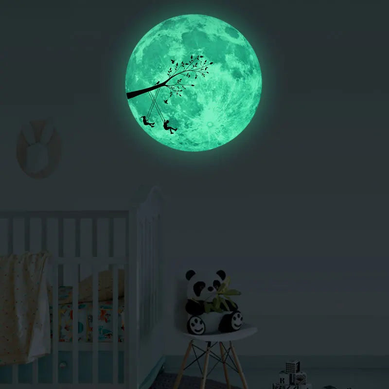 stickers muraux lumineux lune chateau chauves souris arbre vert fluo illustration fantaisie moderne chambre