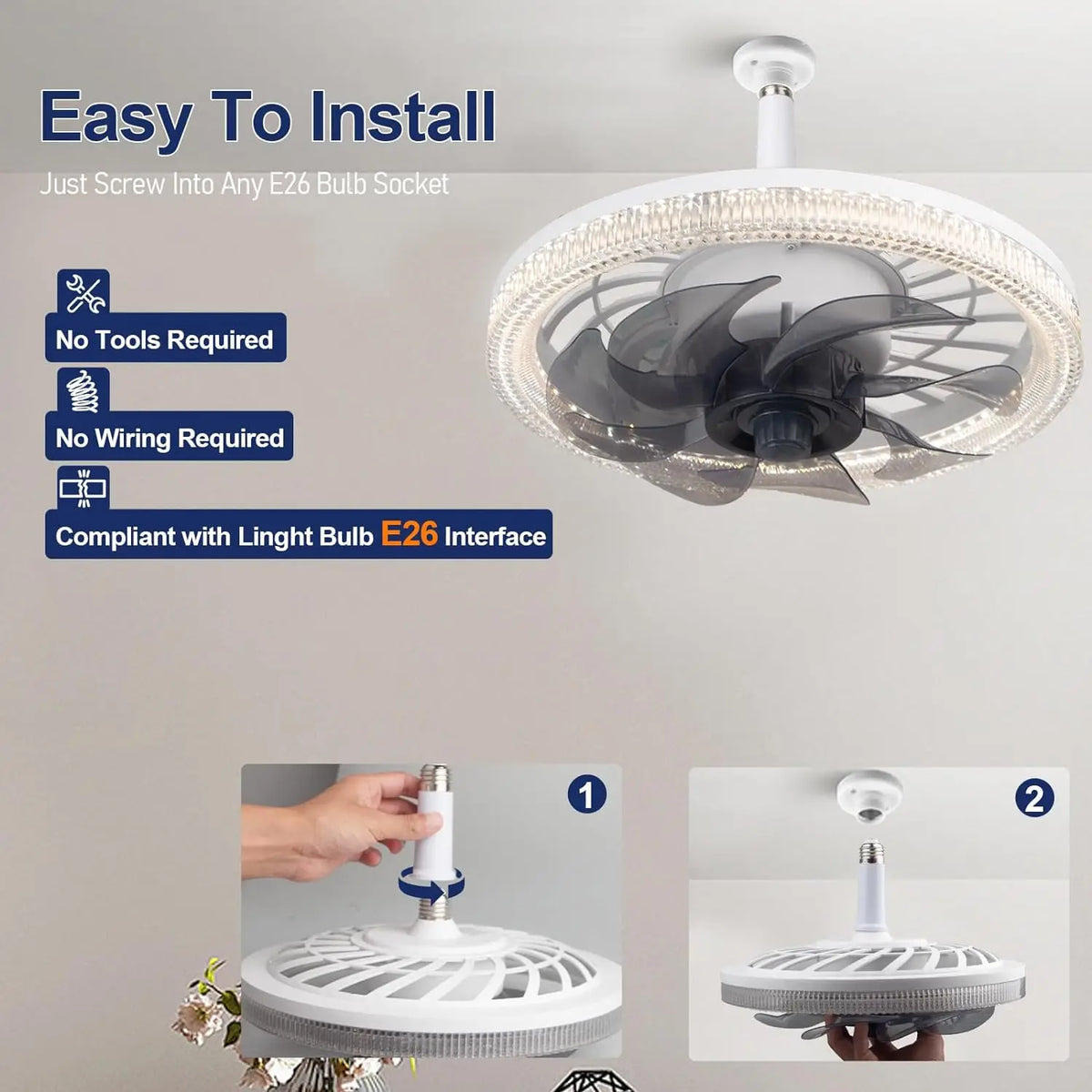 ventilateur led moderne télécommande blanc noir transparent cristal airflow lumiere vitesses