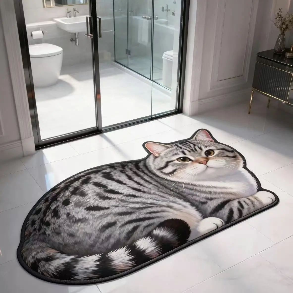 tapis chat imprimé 2d moderne gris noir blanc antidérapant polyester intérieur salon chambre cuisine