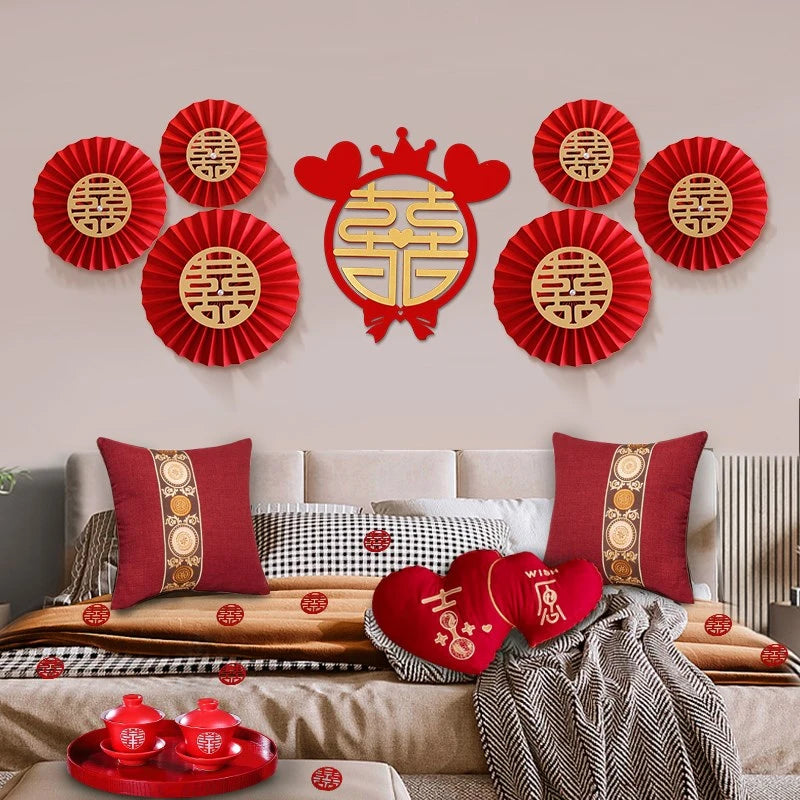 décorations murales mariage chinois double bonheur fleurs papier motifs traditionnels festifs romantiques