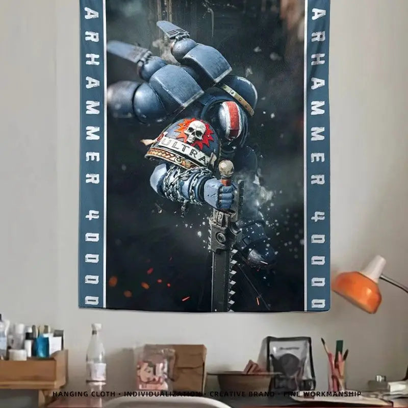 tapisserie murale warhammer 40k personnage armé bleu noir rouge moderne détaillée hand washable digital