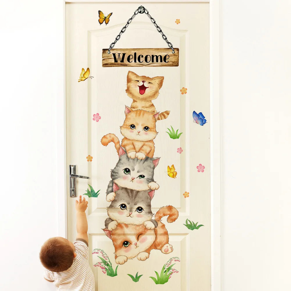 sticker mural dessin animé chatons empilés papillons fleurs welcome multicolore résistant eau chambre enfant