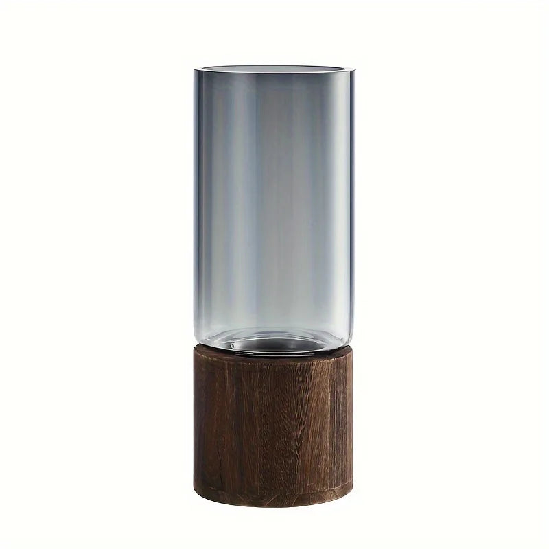 vase verre moderne transparent bois base gris fleurs artificielles décoration intérieure table arrangement floral