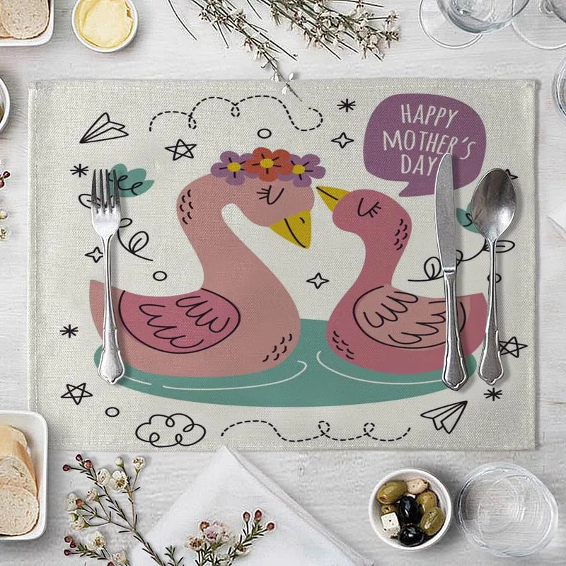 tapis table rectangulaire lin beige motif renard ours fleurs enfant cuisine