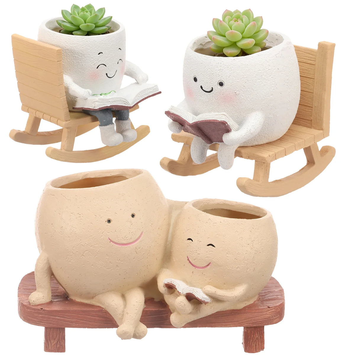 pots fleurs résine personnage souriant fauteuil bascule blanc gris vert décoration jardin cartooniaux